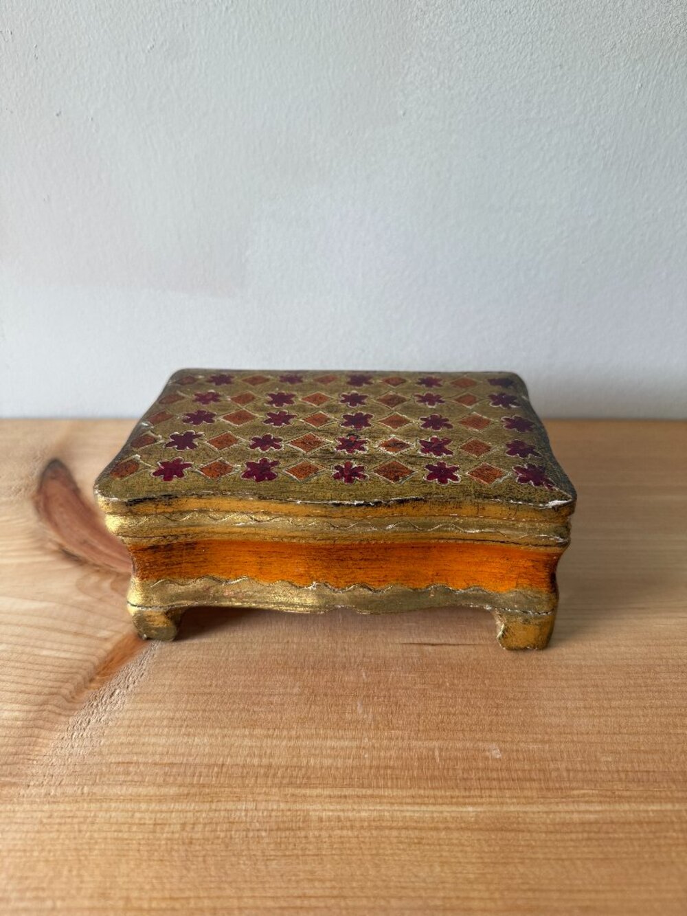 Vintage Italian Florentine Gold Gilt Trinket Box | Red & Orange Wood Keepsake